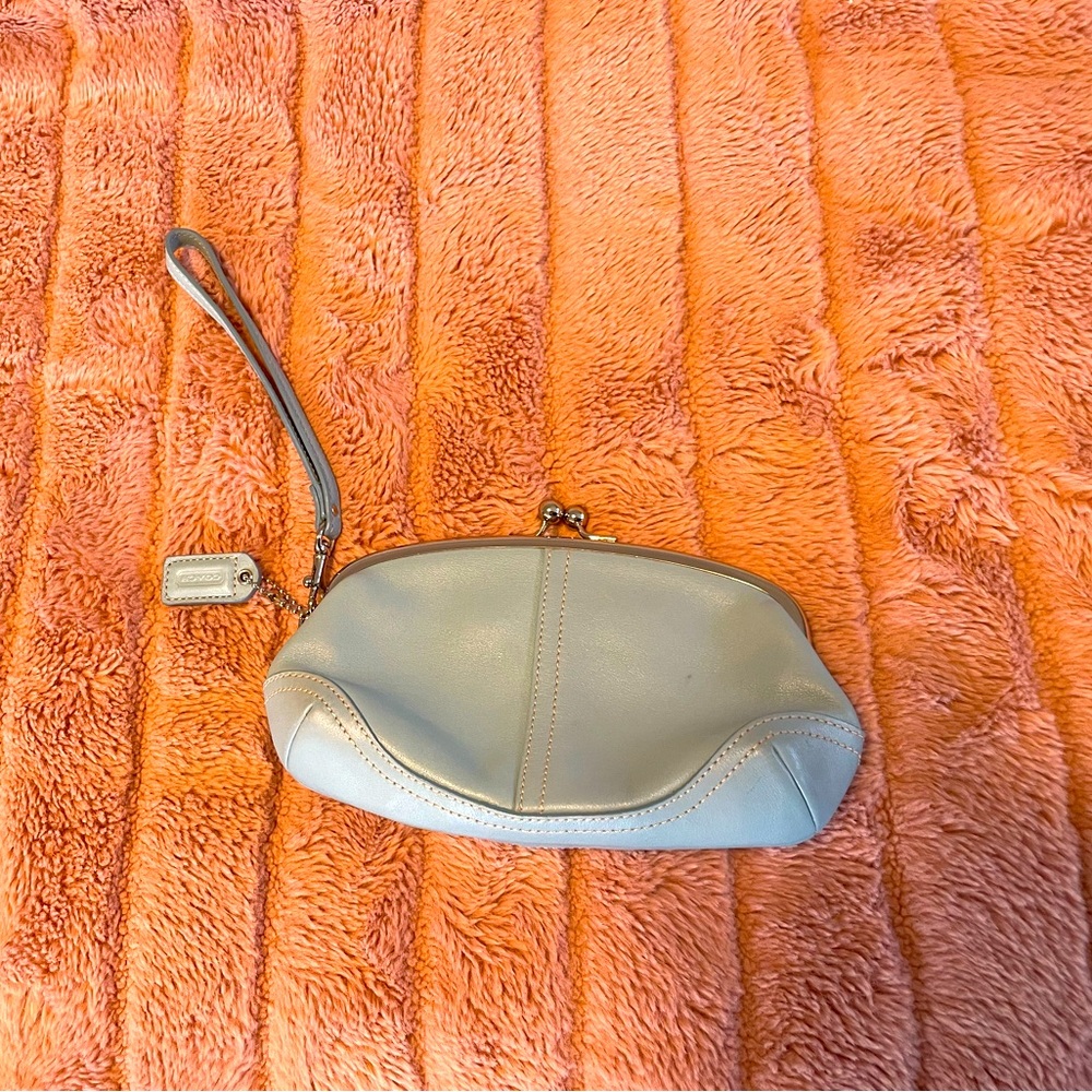 Coach baby blue leather kiss closure frame wristlet